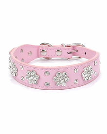 PU Leather Dog Collar with Rhinestone Flowers
