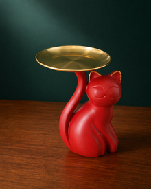 Lucky Cat Decorative Tray made of Resin - Stylish Cat Figurine with Gold Tray
