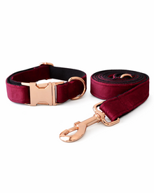 Samt-Hundehalsband-Set mit Leine & Fliege in Bordeaux – elegantes Velvet-Halsband mit Roségold-Details