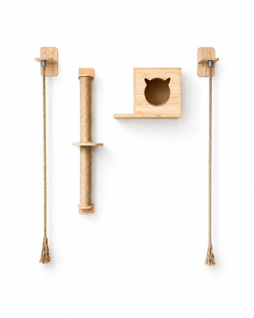 Wall-mounted climbing set for cats made of pine wood