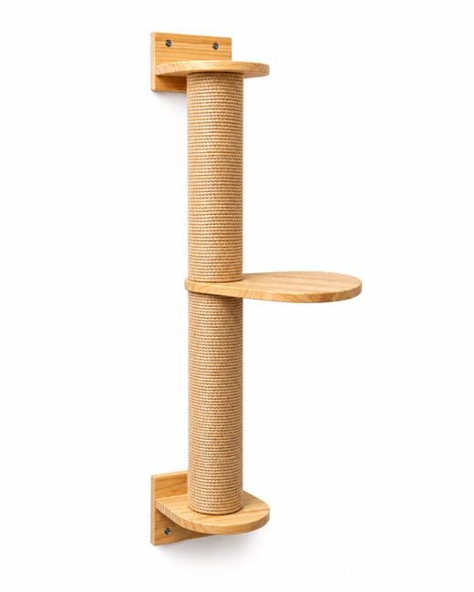 Wall-mounted scratching post made of wood & jute – rotating climbing platform for cats