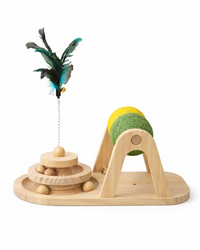 Creative Wooden Cat Toy with Sisal Balls, Feather Wand & Ball Track