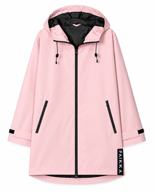 PAIKKA Human Visibility Regenmantel Damen 2026 in Rose – wasserdichter reflektierender Damen-Regenmantel mit Kapuze, Reißverschlusstaschen und langem Schnitt